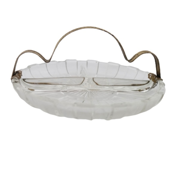 VINTAGE DEPRESSION GLASS~ORNATE BRASS BANDED ~THREE COMPARTMENT RELISH DISH~6.4" - Picture 8 of 8